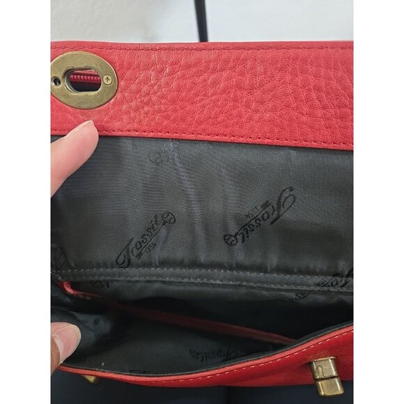 Vtg Fossil Pebbled Leather Burgundy Boho Handbag #75082 with Brass Key - Picture 9 of 10